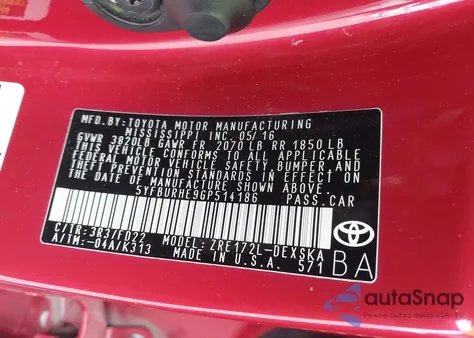 2016 Toyota Corolla S Plus from USA, damaged, VIN 5YFBURHE9GP514186